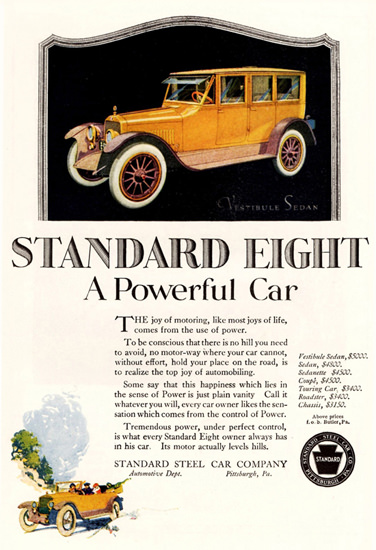 Roaring 1920s Standard Eight Vestibule Sedan 1920 Pittsburgh | Roaring 1920s Ad Art and Magazine Cover Art