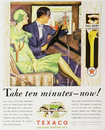 Roaring 1920s Texaco Golden Motor Oil Take Ten Minutes 1920s | Roaring 1920s Ad Art and Magazine Cover Art