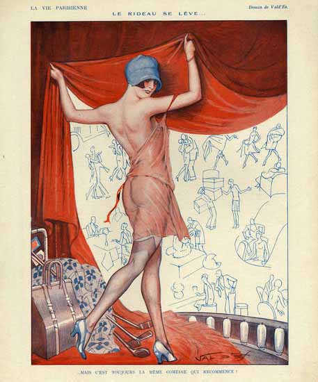 Roaring 1920s ValdEs La Vie Parisienne 1920s Le Rideau Se Leve page | Roaring 1920s Ad Art and Magazine Cover Art