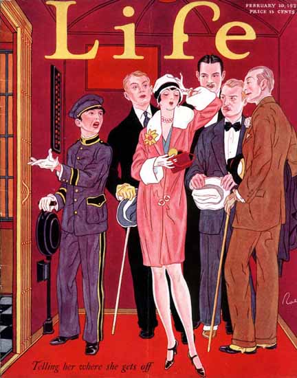 Roaring 1920s Where she gets off Life Magazine 1927-02-10 Copyright | Roaring 1920s Ad Art and Magazine Cover Art