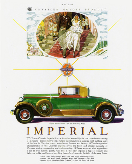 Roaring Twenties 1920s Chrysler Imperial Convertible 1929 Wedding | Roaring 1920s Ad Art and Magazine Cover Art