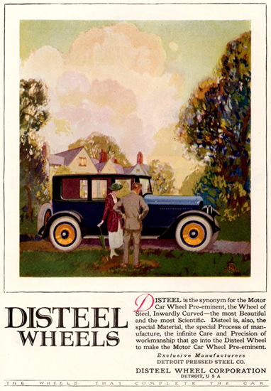 Roaring Twenties 1920s Disteel Wheels Sedan Detroit 1920 | Roaring 1920s Ad Art and Magazine Cover Art