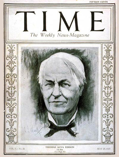 Roaring Twenties 1925-05 Thomas Alva Edison Copyright Time Magazine | Roaring 1920s Ad Art and Magazine Cover Art