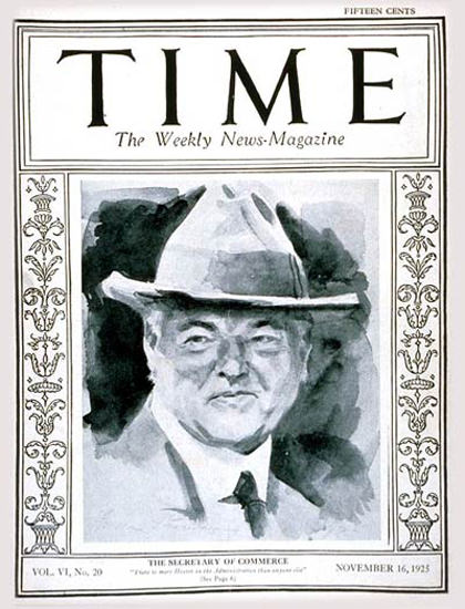 Roaring Twenties 1925-11 Herbert Hoover Copyright Time Magazine | Roaring 1920s Ad Art and Magazine Cover Art