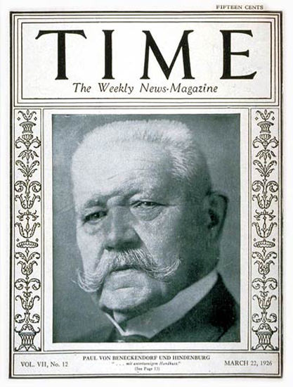 Roaring Twenties 1926-03 Paul Von Hindenburg CopyR Time Magazine | Roaring 1920s Ad Art and Magazine Cover Art