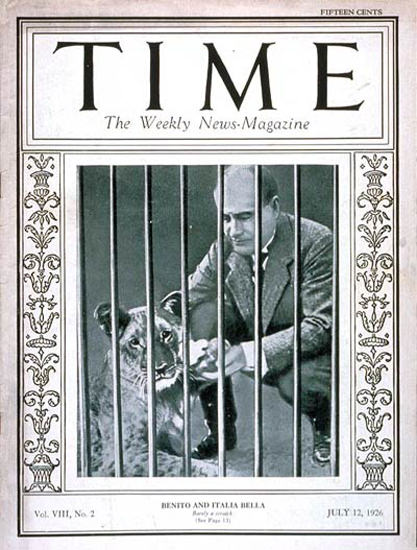 Roaring Twenties 1926-07 Benito Mussolini Copyright Time Magazine | Roaring 1920s Ad Art and Magazine Cover Art