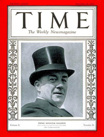 Roaring Twenties 1927-12 Stanley Baldwin Copyright Time Magazine | Roaring 1920s Ad Art and Magazine Cover Art