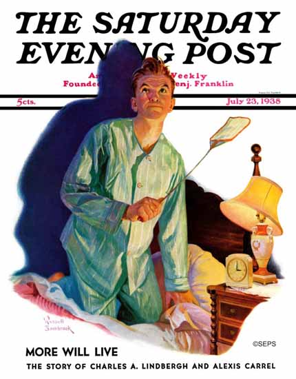 Russell Sambrook Saturday Evening Post Nighttime Fly Fight 1938_07_23 | The Saturday Evening Post Graphic Art Covers 1931-1969