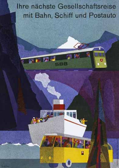 SBB Reise Bahn Schiff Postauto Switzerland 1967 | Vintage Travel Posters 1891-1970