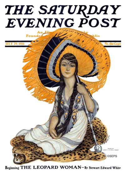 Sarah Stilwell-Weber Saturday Evening Post Leopard Woman 1916_07_29 | The Saturday Evening Post Graphic Art Covers 1892-1930