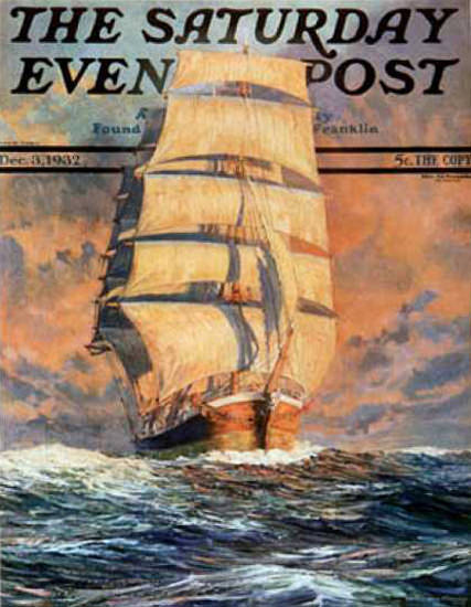 Saturday Evening Post Copyright 1932 Sailing Ship Red Sky | Vintage Ad and Cover Art 1891-1970