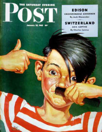 Saturday Evening Post Copyright 1943 Boy Mimicking Hitler | Vintage Ad and Cover Art 1891-1970