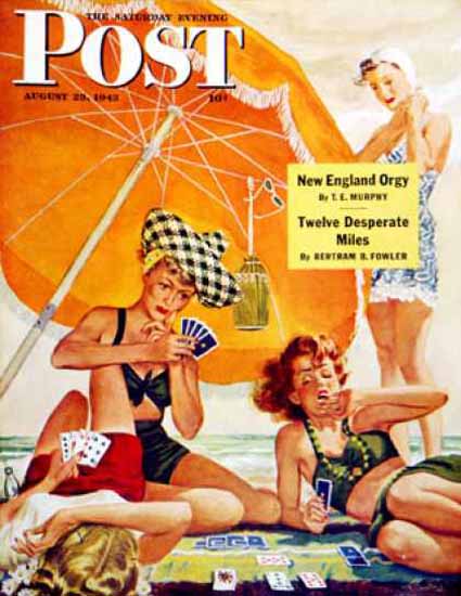 Saturday Evening Post Copyright 1943 Card Game At Beach | Sex Appeal Vintage Ads and Covers 1891-1970