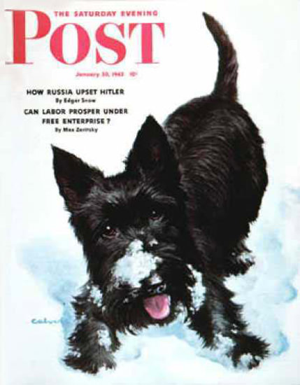 Saturday Evening Post Copyright 1943 Scotty In Snow | Vintage Ad and Cover Art 1891-1970