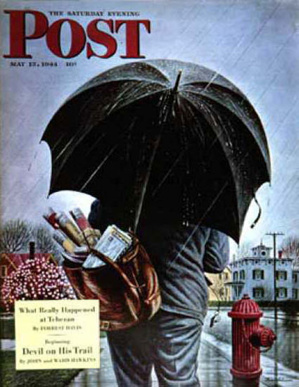 Saturday Evening Post Copyright 1944 Mailman In The Rain | Vintage Ad and Cover Art 1891-1970