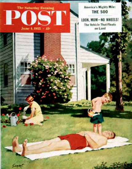 Saturday Evening Post Copyright 1955 Watering Father | Vintage Ad and Cover Art 1891-1970