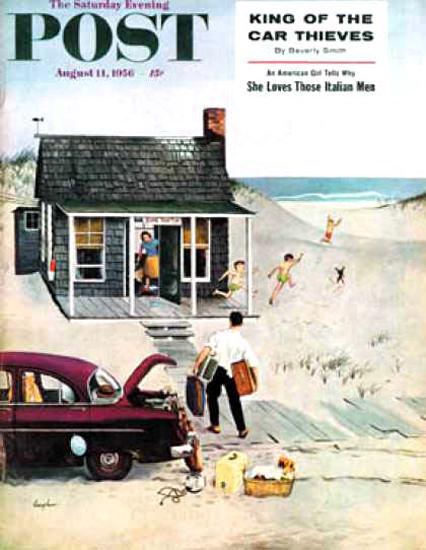 Saturday Evening Post Copyright 1956 First Day At Beach | Vintage Ad and Cover Art 1891-1970