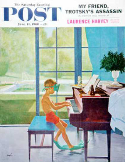 Saturday Evening Post Copyright 1960 Poolside Piano | Vintage Ad and Cover Art 1891-1970