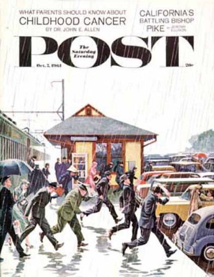 Saturday Evening Post Copyright 1961 Commuters In Rain | Vintage Ad and Cover Art 1891-1970