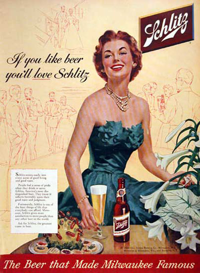 Schlitz Beer 1954 If You Like Beer Lady In Blue | Sex Appeal Vintage Ads and Covers 1891-1970