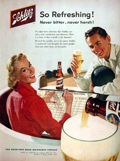 Schlitz Beer 1956 Bowling Never Bitter | Vintage Ad and Cover Art 1891-1970