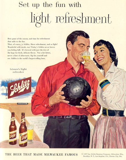 Schlitz Beer 1957 Bowling | Sex Appeal Vintage Ads and Covers 1891-1970