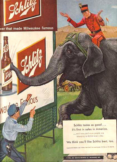 Schlitz Beer Circus Elephant 1951 | Vintage Ad and Cover Art 1891-1970