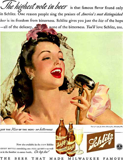 Schlitz Beer Milwaukee Singer Girl Just The Kiss | Sex Appeal Vintage Ads and Covers 1891-1970