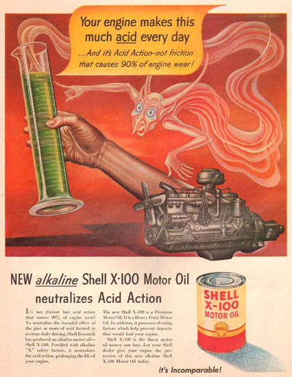 Shell X-100 Motor Oli Genie 1951 | Vintage Ad and Cover Art 1891-1970