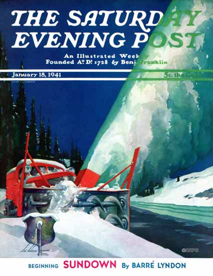 Ski Weld Saturday Evening Post Highway Snowplow 1941_01_18 | The Saturday Evening Post Graphic Art Covers 1931-1969