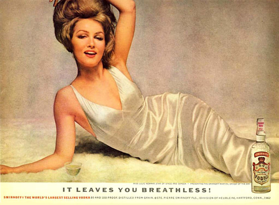 Smirnoff Vodka Julie Newmar Breathless 1962 | Sex Appeal Vintage Ads and Covers 1891-1970