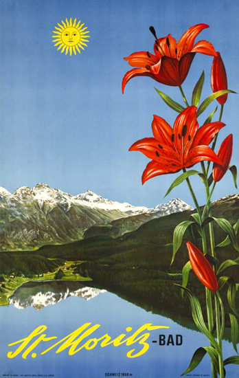 St Moritz Bad  Switzerland 1940s | Vintage Travel Posters 1891-1970