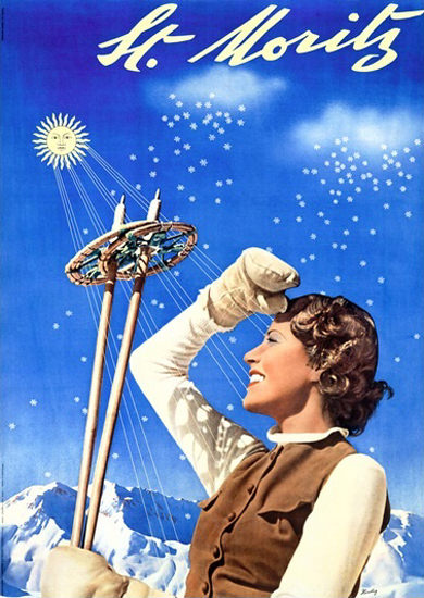 St Moritz Ski Woman Sun Snow Mountains | Vintage Travel Posters 1891-1970