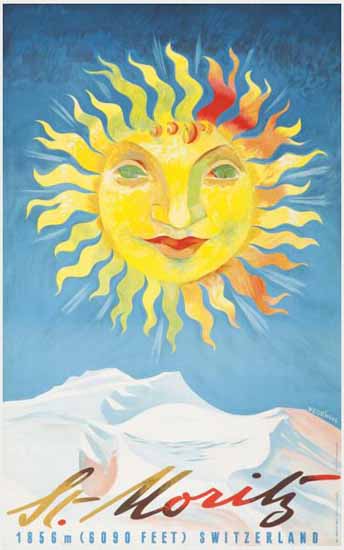 St Moritz Sun 1856m Swiss Alps Switzerland 1946 | Vintage Travel Posters 1891-1970