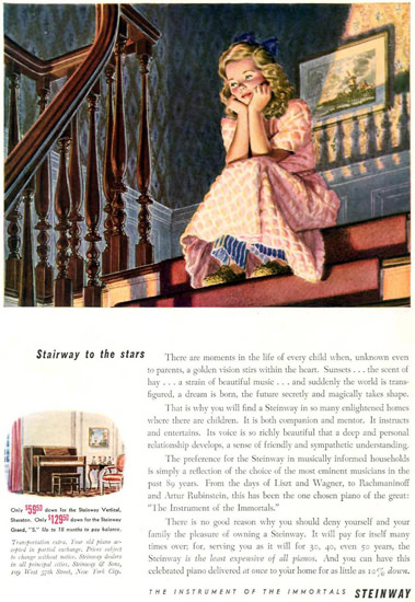 Steinway Girl Waiting On The Stairs 1942 | Vintage Ad and Cover Art 1891-1970