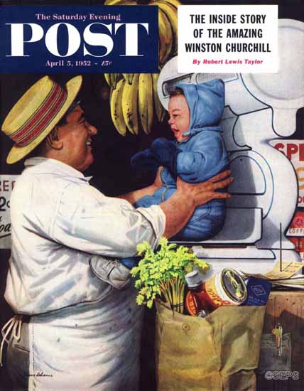 Stevan Dohanos Saturday Evening Post Babies and Bananas 1952_04_05 | The Saturday Evening Post Graphic Art Covers 1931-1969