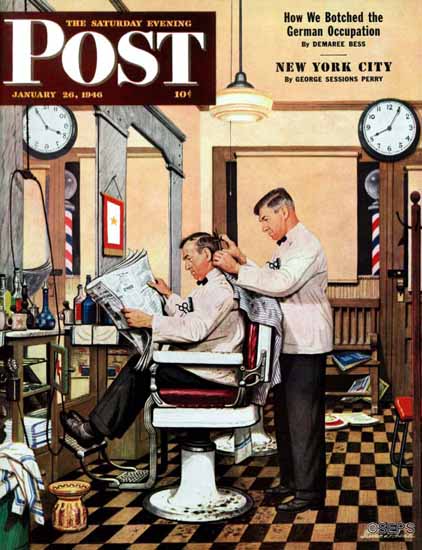 Stevan Dohanos Saturday Evening Post Barber Getting Haircut 1946_01_26 | The Saturday Evening Post Graphic Art Covers 1931-1969