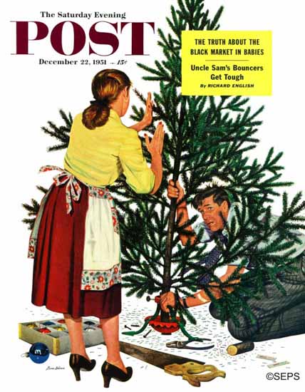 Stevan Dohanos Saturday Evening Post Centering Xmas Tree 1951_12_22 | The Saturday Evening Post Graphic Art Covers 1931-1969