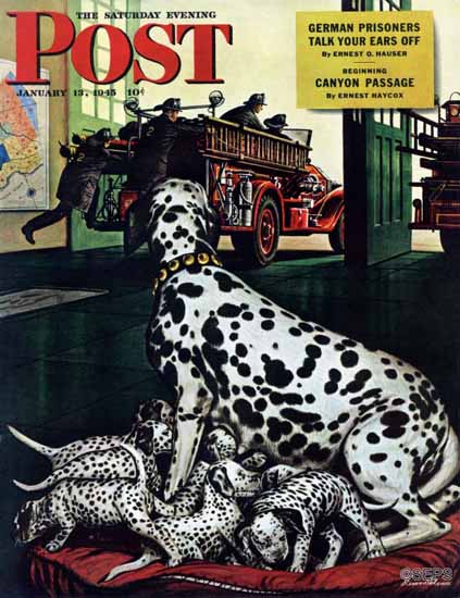 Stevan Dohanos Saturday Evening Post Dalmatian and Pups 1945_01_13 | The Saturday Evening Post Graphic Art Covers 1931-1969