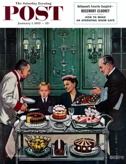 Stevan Dohanos Saturday Evening Post Dessert Cart 1955_01_01 | The Saturday Evening Post Graphic Art Covers 1931-1969