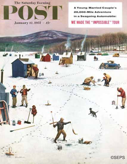 Stevan Dohanos Saturday Evening Post Ice Fishing Camp 1957_01_12 | The Saturday Evening Post Graphic Art Covers 1931-1969