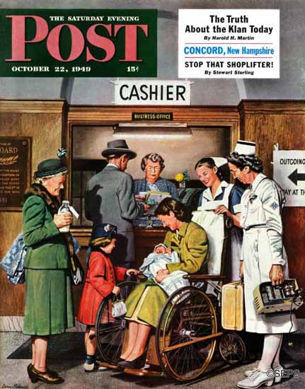 Stevan Dohanos Saturday Evening Post Leaving the Hospital 1949_10_22 | The Saturday Evening Post Graphic Art Covers 1931-1969