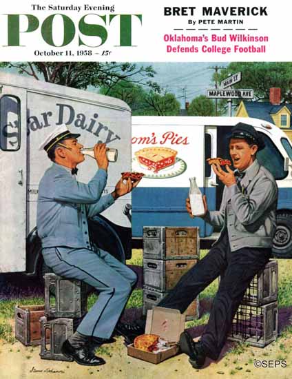 Stevan Dohanos Saturday Evening Post Milkman and Pieman 1958_10_11 | The Saturday Evening Post Graphic Art Covers 1931-1969