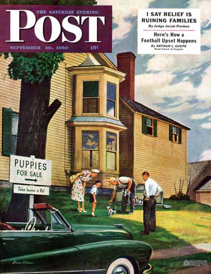 Stevan Dohanos Saturday Evening Post Picking a Puppy 1950_09_30 | The Saturday Evening Post Graphic Art Covers 1931-1969