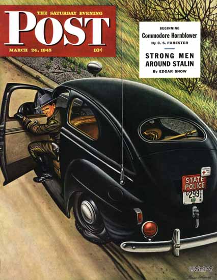 Stevan Dohanos Saturday Evening Post Policeman Flat Tire 1945_03_24 | The Saturday Evening Post Graphic Art Covers 1931-1969