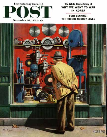 Stevan Dohanos Saturday Evening Post Power Tool Window 1951_11_10 | The Saturday Evening Post Graphic Art Covers 1931-1969