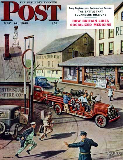 Stevan Dohanos Saturday Evening Post Small Fire Company 1949_05_14 | The Saturday Evening Post Graphic Art Covers 1931-1969