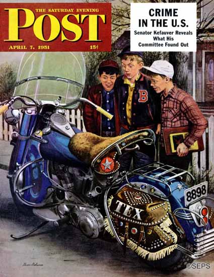 Stevan Dohanos Saturday Evening Post Texs Motorcycle 1951_04_07 | The Saturday Evening Post Graphic Art Covers 1931-1969