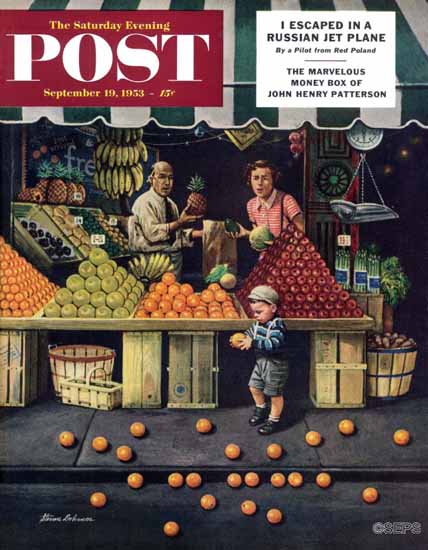 Stevan Dohanos Saturday Evening Post Toddler and Oranges 1953_09_19 | The Saturday Evening Post Graphic Art Covers 1931-1969