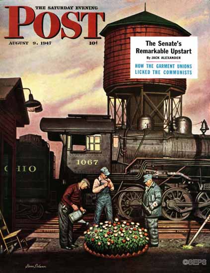 Stevan Dohanos Saturday Evening Post Train Yard Flowers 1947_08_09 | The Saturday Evening Post Graphic Art Covers 1931-1969